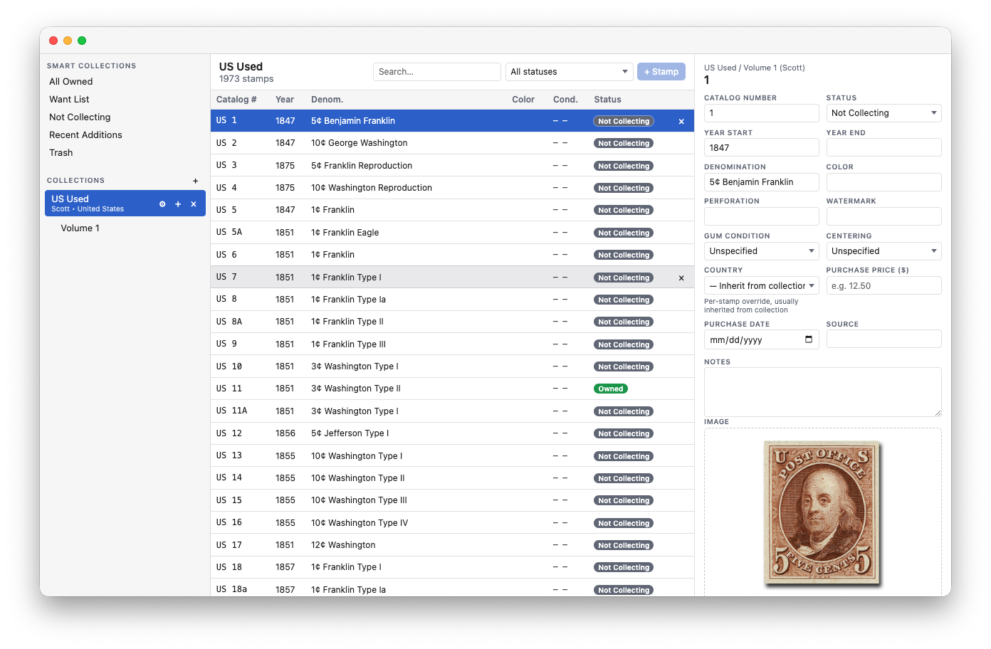 Screenshot of Hinged showing its three-pane layout with collections sidebar, stamp list, and detail editor